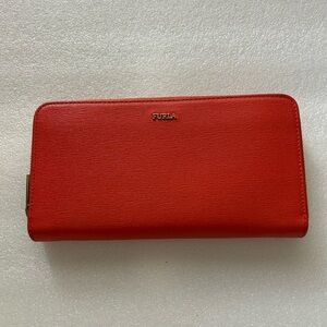 Furla Babylon XL Zip-Around Red/Orange Leather Wallet with Gold Hardware